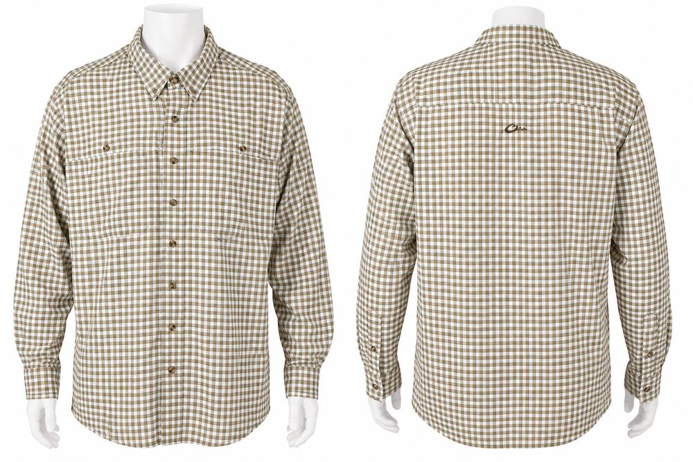 Drake Waterfowl Shirt Men's 2XL Tan Plaid Fishing Hunting Vented Long Sleeve